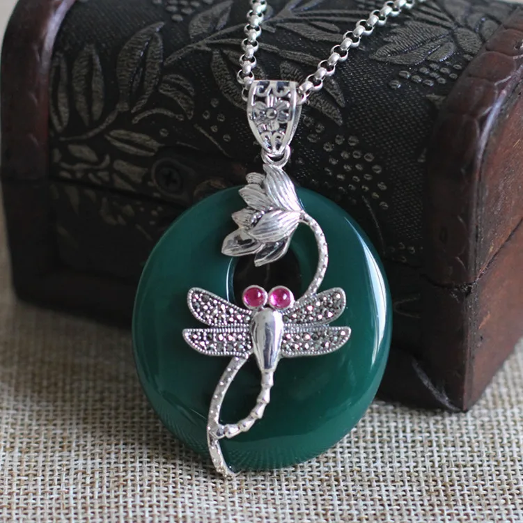 

s925 Silver Products Women's Green With Marseille Corundum Dragonfly Pendant