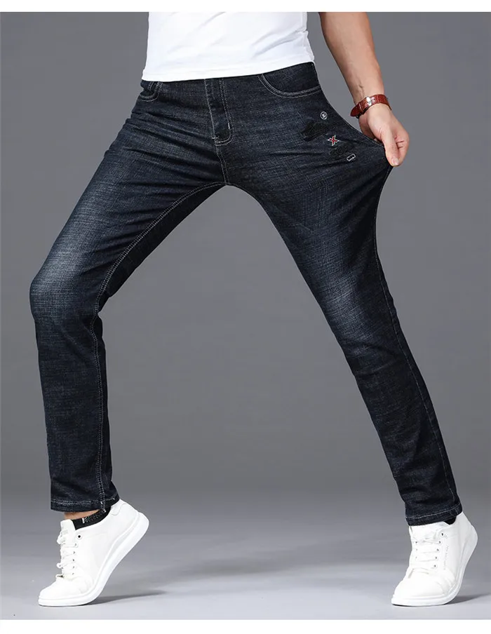 Классический стиль, черные, синие, высокое качество, хлопок, мужские облегающие джинсы, новинка, эластичные, деловые, повседневные, джинсовые штаны, мужские, Брендовые брюки