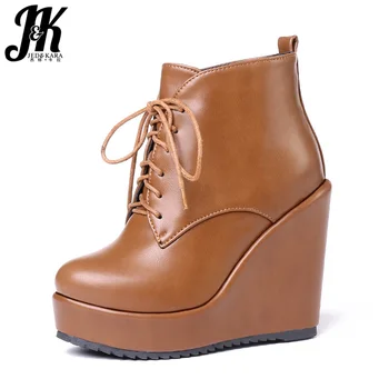 

JK High Heels Women Ankle Boots Round Toe Lace Up Footwear Warm Platform Female Boot Wedges Shoes Woman 2018 Winter New Black