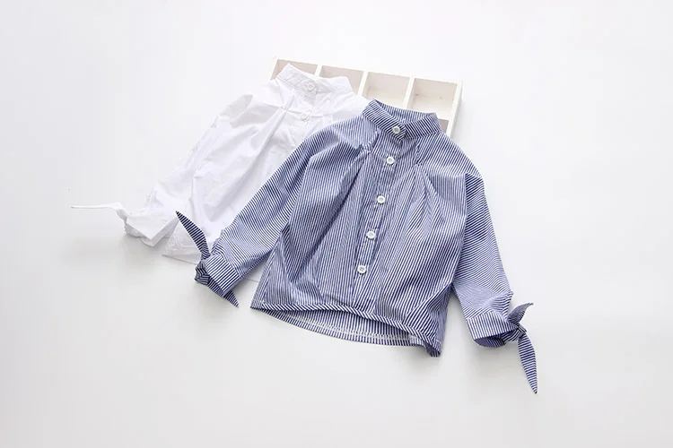 Kids Tops 2018 Spring Autumn Fashion Children Clothing Mandarin Collar Bowknot Long Sleeve Solid Color Strip Baby Girl Shirt (5)