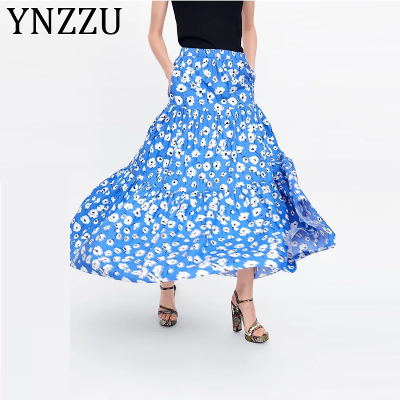 

High Waist Floral Print Long Skirt Women Summer Style Blue Maxi Skirt Female 2019 Streetwear Casual Beach Boho Skirts AB152