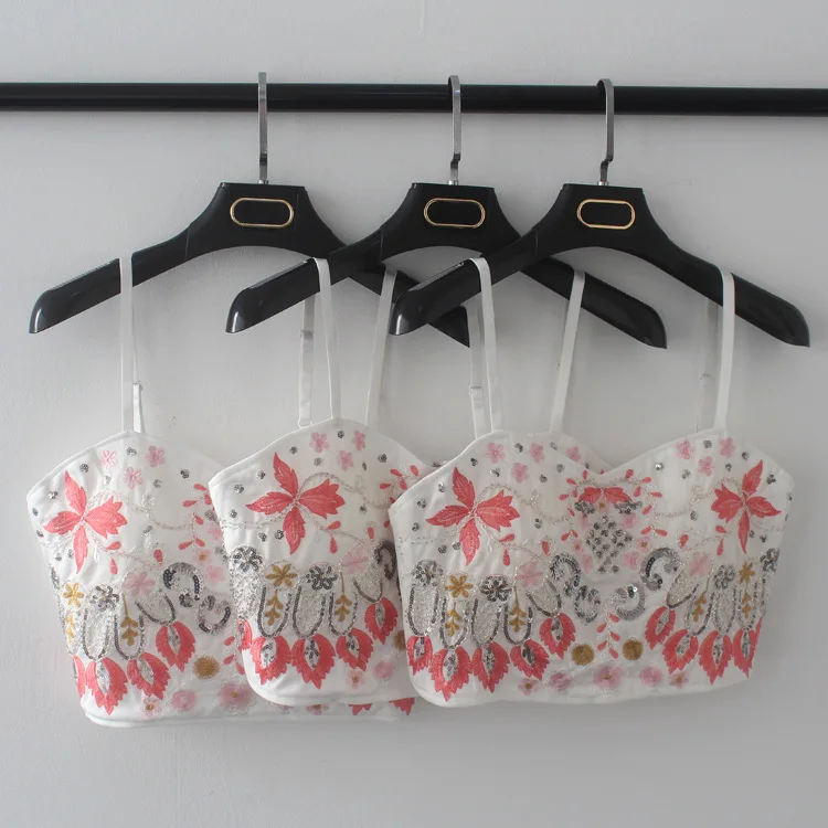 

Cropped Polyester Cotton Tank Tops Crop Tops Regata Feminina Top New Free Shipping 2019 Flower Sexy Tube Vest Sequin Beaded