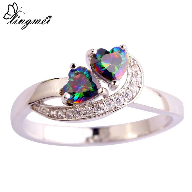 lingmei Free Shipping Wholeale Heart Great Mysterious Rainbow & White CZ Silver lingmei Free Shipping Wholeale Heart Great Mysterious Rainbow & White CZ Silver