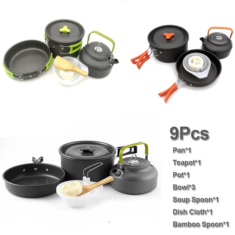 9 piezas acampar al aire libre senderismo Picnic tetera olla Pan conjunto de aluminio mosquetón de utensilios de cocina olla con tazón cuchara al aire libre vajilla