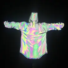 Новая мода, мужской хип-хоп цветной светоотражающий длинный плащ, уличный панк плащ с капюшоном, куртки, мужской сценический костюм для ночного клуба