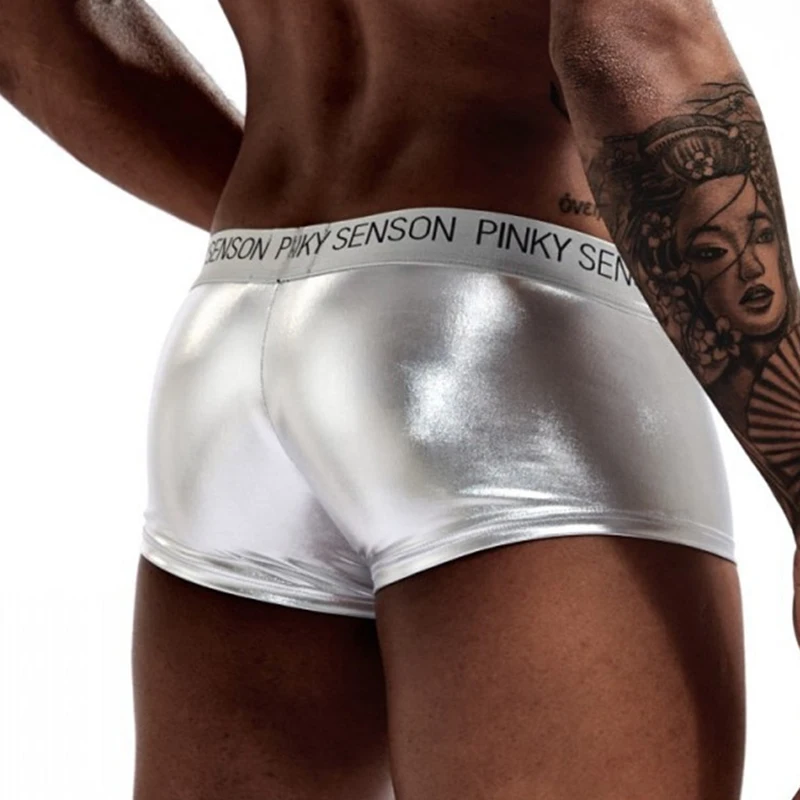 

Mens Leather Underwear Boxers Bright Gold Crotchless Boxer Shorts Men U Convex Low Waist Male Boxershorts Underpants