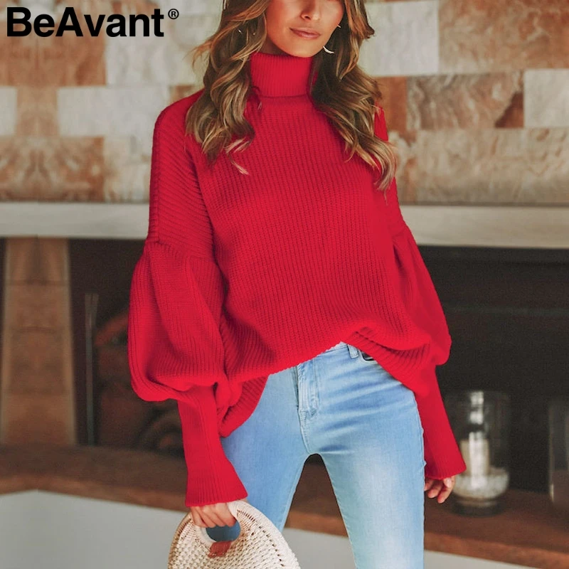 

BeAvant Turtleneck red winter sweater women knit Lantern sleeve white sweater female Loose oversized pullover knitted jumper