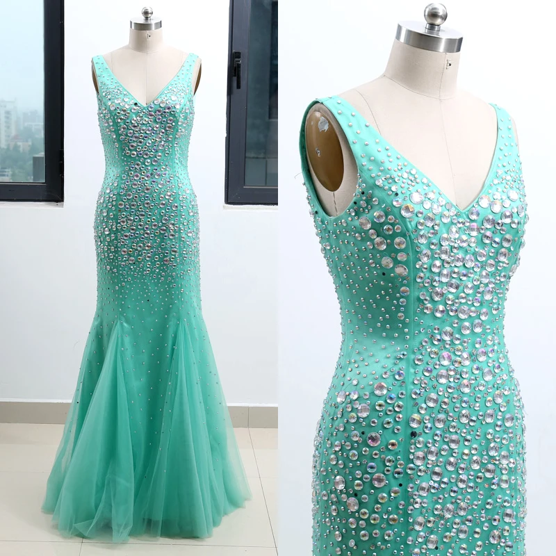 Бирюзовое платье-Русалка с v-образным вырезом длиной до пола с кристаллами из тюля, вечерние платья L 262545