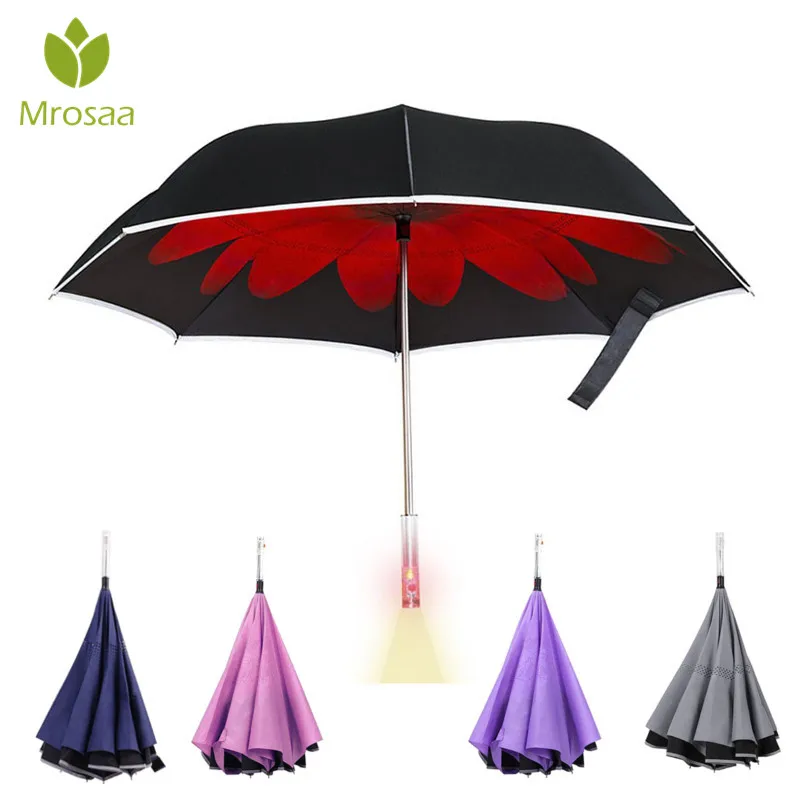 Folding Reverse Umbrella Double Layer Inverted Handle Warning Light Windproof Rain Car Auto Open Uv Protection Umbrellas,Gray