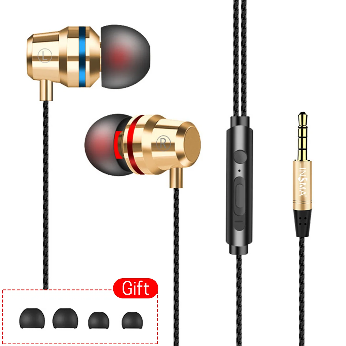 INSMA проводные наушники 3,5 мм в ухо наушники с микрофоном стерео гарнитура 5 цветов для samsung Xiaomi телефон компьютер - Цвет: Золотой
