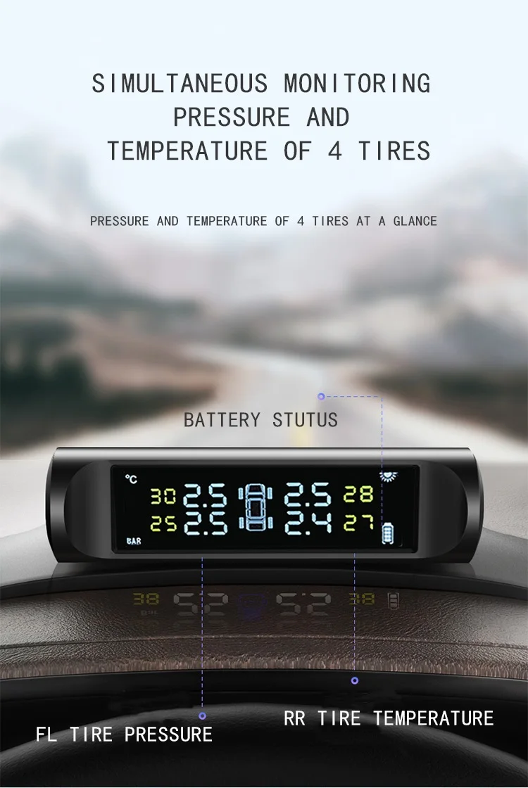 C240 TPMS Солнечная энергия Система контроля давления в шинах универсальные беспроводные дисплеи в реальном времени 4 внешних/внутренних TPMS датчика