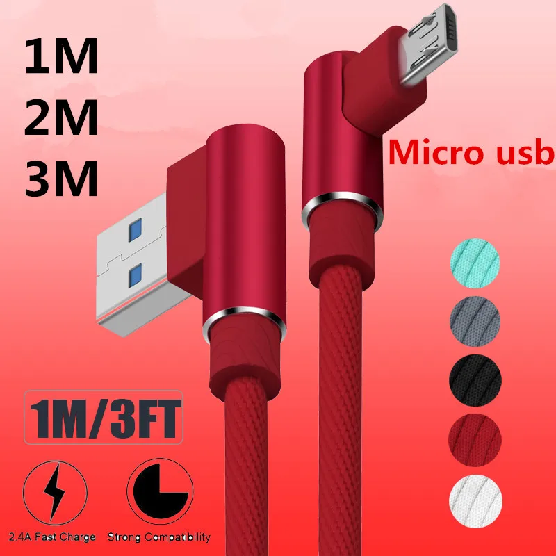 

1M 2M 3M Braided 90 Degree Micro USB Fast Charging Data Sync Cable Charging Charger Cord cabel for samsung lg etc