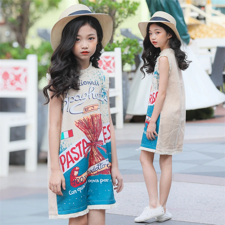 

children dress sleeveless white pattern print toddler girl dresses 6-16 years kid clothes summer 2019 party dress for kids girl