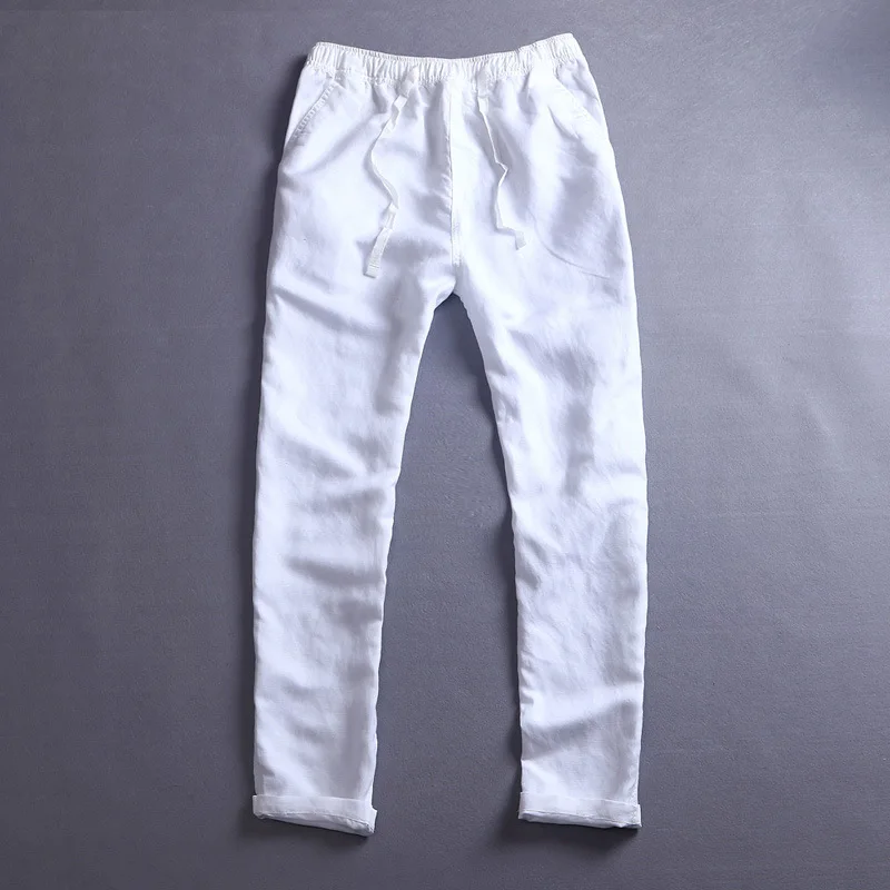 

2019 flax leisure trousers men loose in the waist cotton and linen trousers comfortable elastic waist trousers
