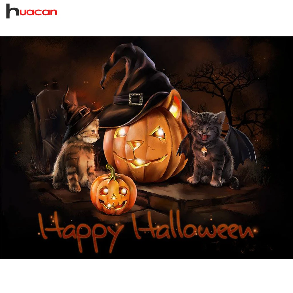 

Huacan Halloween Gift Diamond Painting Cat Cross Stitch 5D Picture Rhinestones Diamond Embroidery Cartoon Resin Crystal Decor