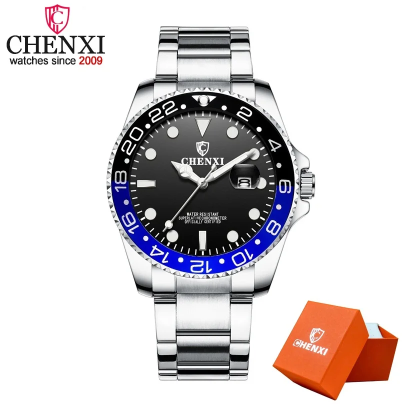 Relojes Hombre новые часы Мужские Роскошные Кварцевые часы CHENXI мужские наручные часы Лидирующий бренд Роскошные полностью стальные водонепроницаемые часы - Цвет: Silver Black Blue