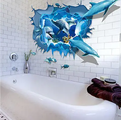 Океан 3D дельфины трещины стены искусства стикеры Наклейка виниловая Фреска Дети ванная комната Декор