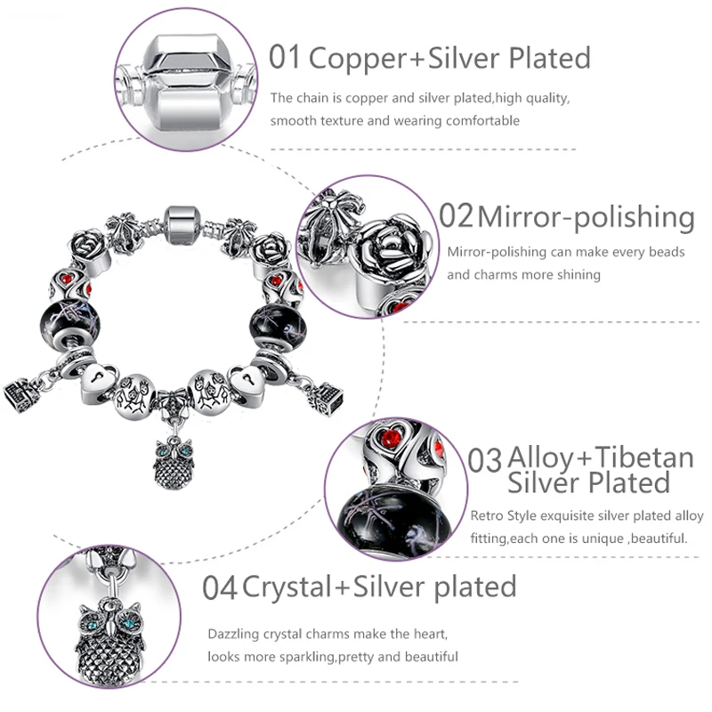 ELESHE Fashion Jewelry Enamel Silver Owl Charm Bracelet European Murano Glass Bead Crystal Heart Charm Bracelet Bangle for Women