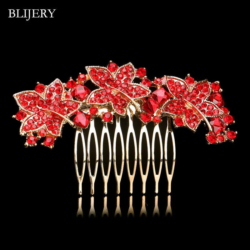BLIJERY Gold Color Crystal Wedding Hair Combs for Women Red Rhinestone Leaves Bridal Hair