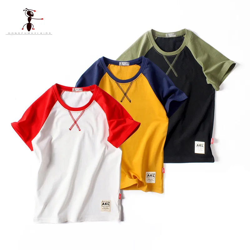 Kung Fu Ant 2019 New Summer Three Colors Casual Boys T-shirt Cotton Patchwork Short Sleeve T-shirt  For 5T-12T Kids 3476