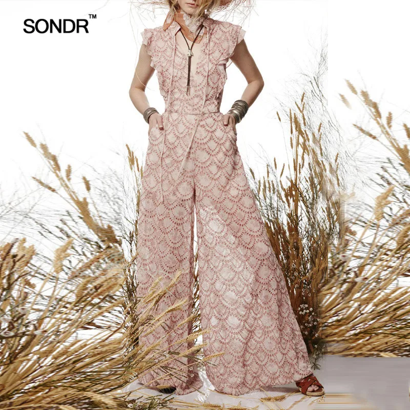 

SONDR Vintage Hollow Out Women Jumpsuit V Neck Off Shoulder Ruffles Bandages High Waist Wide Leg Pants Female Spring 2019