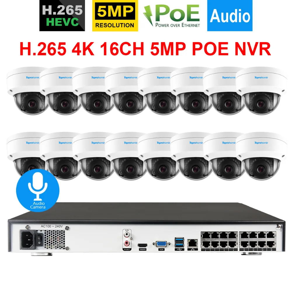 16CH 4 К NVR Системы 48 В 5Mp аудио звук безопасности в/открытый купол Антивандальная