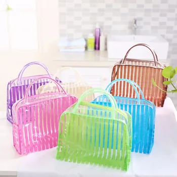 

2019 HOT! Fashion Waterproof Makeup Tool Storage Ladies Bag Transparent PVC Zipper Cosmetic Stripe Bag Portable Makeup Organizer