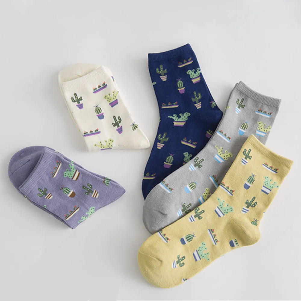 1 пара модных женских удобных носков Мягкие хлопковые носки с рисунком кактуса для девочек повседневные теплые короткие мужские носки