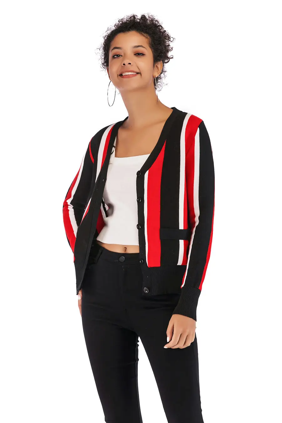 Gladiolus 2018 Autumn Winter Knitted Sweater Women Long Sleeve V-Neck Singer Breasted Pocket Striped Cardigan Women Sweater Tops (16)