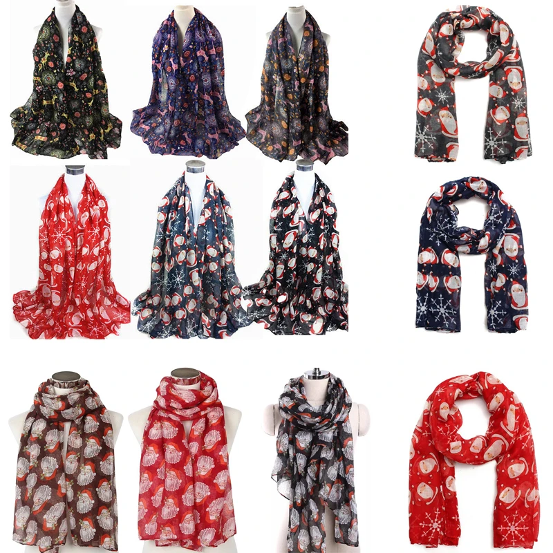 10 видов стилей рождественские женские мягкие Сатиновые шелковые шарфы с принтом Санты