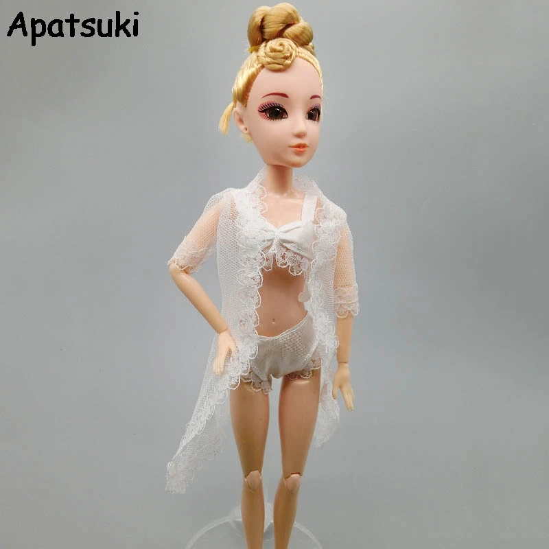 

1SET White Doll Accessories Sexy Pajamas Lingerie Nightwear Lace Long Coat Night Wear + Bra + Underwear Clothes For Barbie Doll