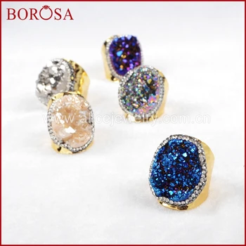 

BOROSA 1piece Gold Color Rainbow Crystal Titanium Druzy Quartz Paved Zircon Ring,Fashion Drusy Gems Ring Party Jewelry JAB255