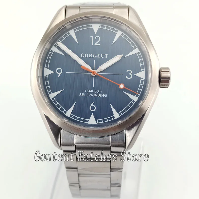 

41mm Corgeut Blue Dial Stainless Steel Sliver Band Automatic mens Watch steel bracelet 2866