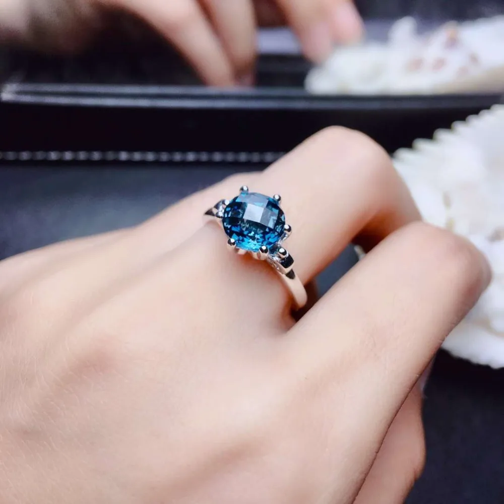 Кольцо с натуральным лондонским голубым топазом, кольцо с натуральным драгоценным камнем, S925 серебро, грация, простой бант, Круглый, для женщин, девушек, подарок на вечеринку, ювелирное изделие