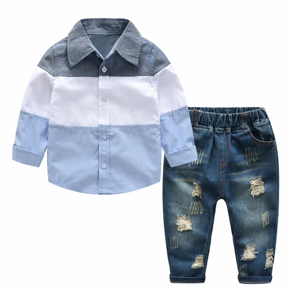 Puseky малыша мальчиков Костюмы наряды джинсовая рубашка с длинными рукавами отверстие джинсы штаны От 2 до 6 лет дети Повседневное топ и штаны