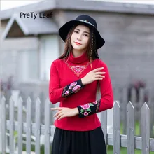 Осень-зима, национальный стиль, ретро футболка с высоким воротником, вышитая женская футболка