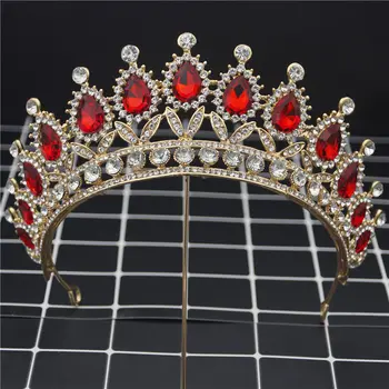 

Baroque Luxury Rhinestone Bridal Tiara Crown Red Crystal Diadem Queen Tiaras for Bride Headband Wedding Hair Jewelry Accessories