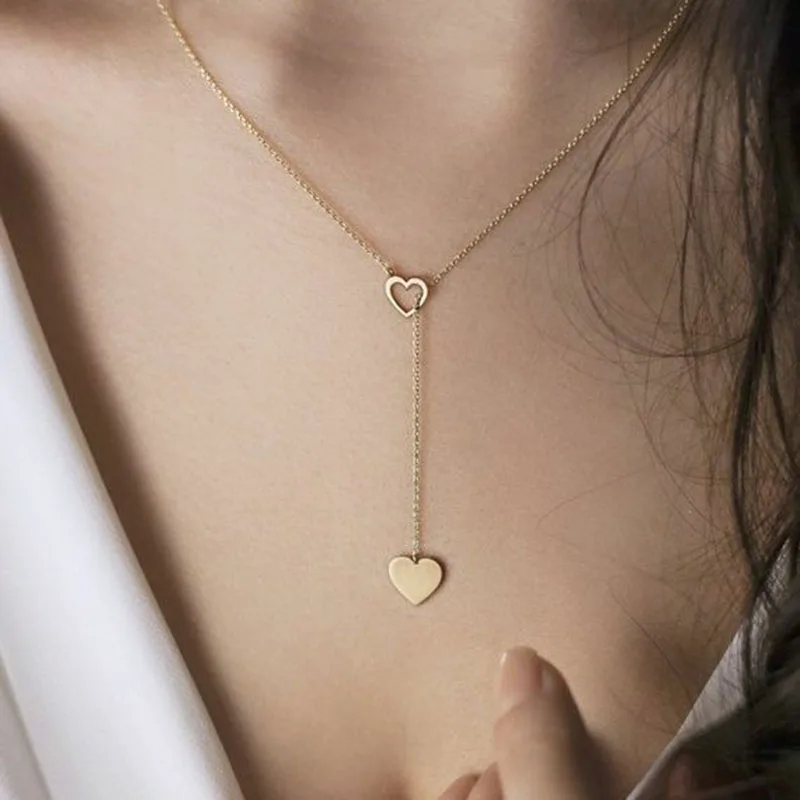 

Simple Fashion Gold Chain Lariat Double Heart Necklace Women Girl Sweet Gifts Minimalist Long Y Tassel Deep V Necklace Jewelry