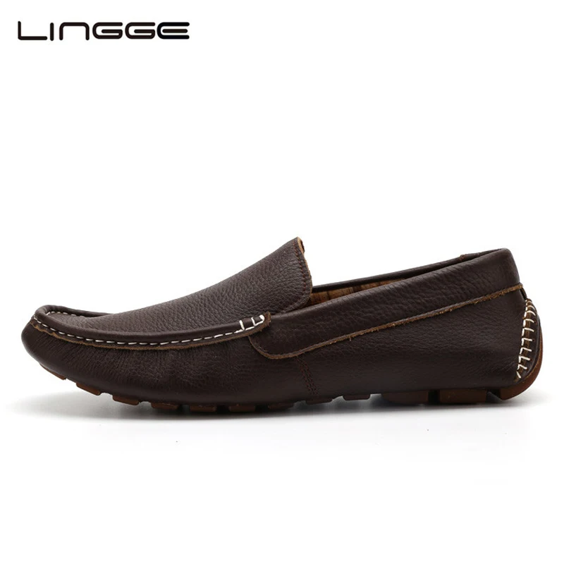 LINGGE Mens Leather Shoes Top Quality Driving Loafers Classic Leather Casual Shoes Luxury Brand Big Size