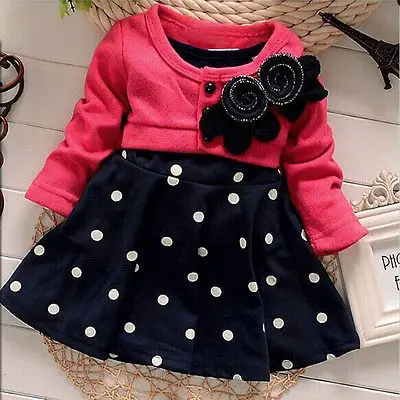 

2015 Baby Girl Toddler Party Long Sleeve Polka Dot Princess Tutu Bow Dress WInter Autumn Clothing