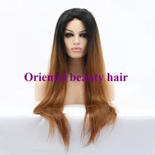 Free shipping Handmade straight Ombre brown Synthetic Lace Front Wig Heat Resistant Hair for White Women Long Natural Wigs