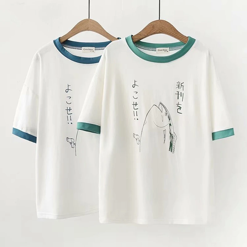 

Women Cartoon Fish Japanese Style Casual T Shirt White O Neck Short Sleeve Tees