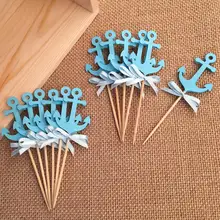 Bow & Blue Anchor Cupcake Toppers Selecciones para la Ducha de Bebé/de La Boda/Cumpleaños de Los Niños Náuticas Decoraciones Del Partido de La Torta de Accesorios suministros
