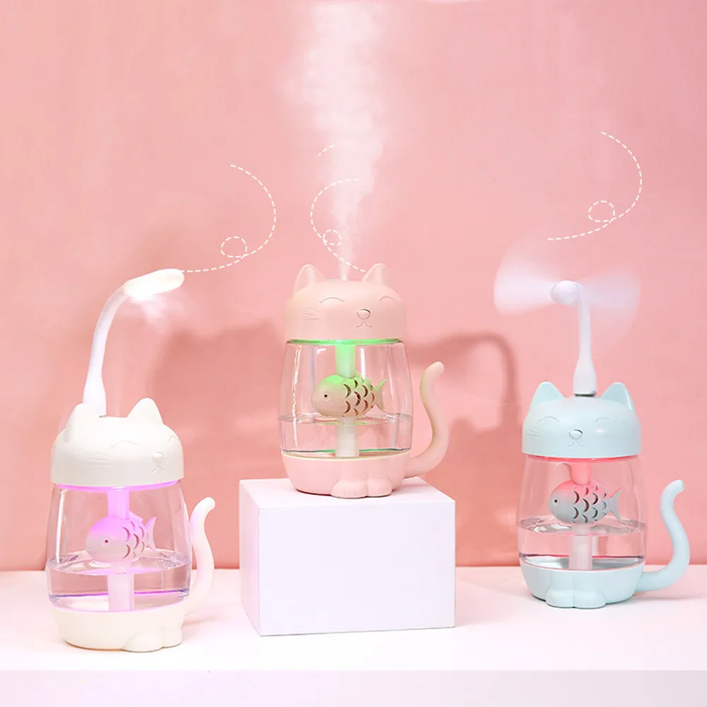 

3 In 1 Humidifier Cute Cat LED Humidifier Air Fan Diffuser Purifier Atomizer