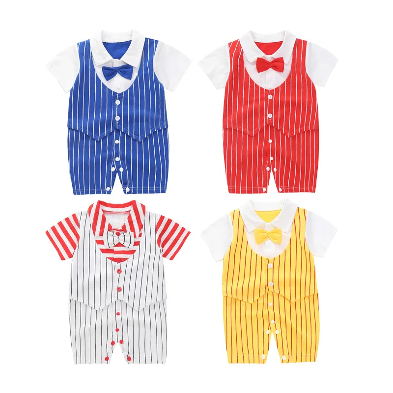 

Newborn Baby Boys Gentleman Clothing 2019 Summer Short Sleeved Cartoon Rompers Bow Tie Boys Party Clothes Climbing Jumpsuit Out