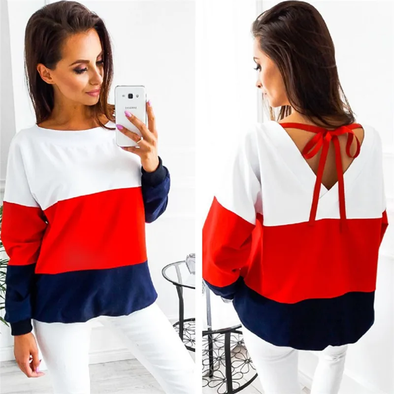 

Autumn Winter Women Round Neck Sweatshirts Casual Patchwork Pullover Loose Tops