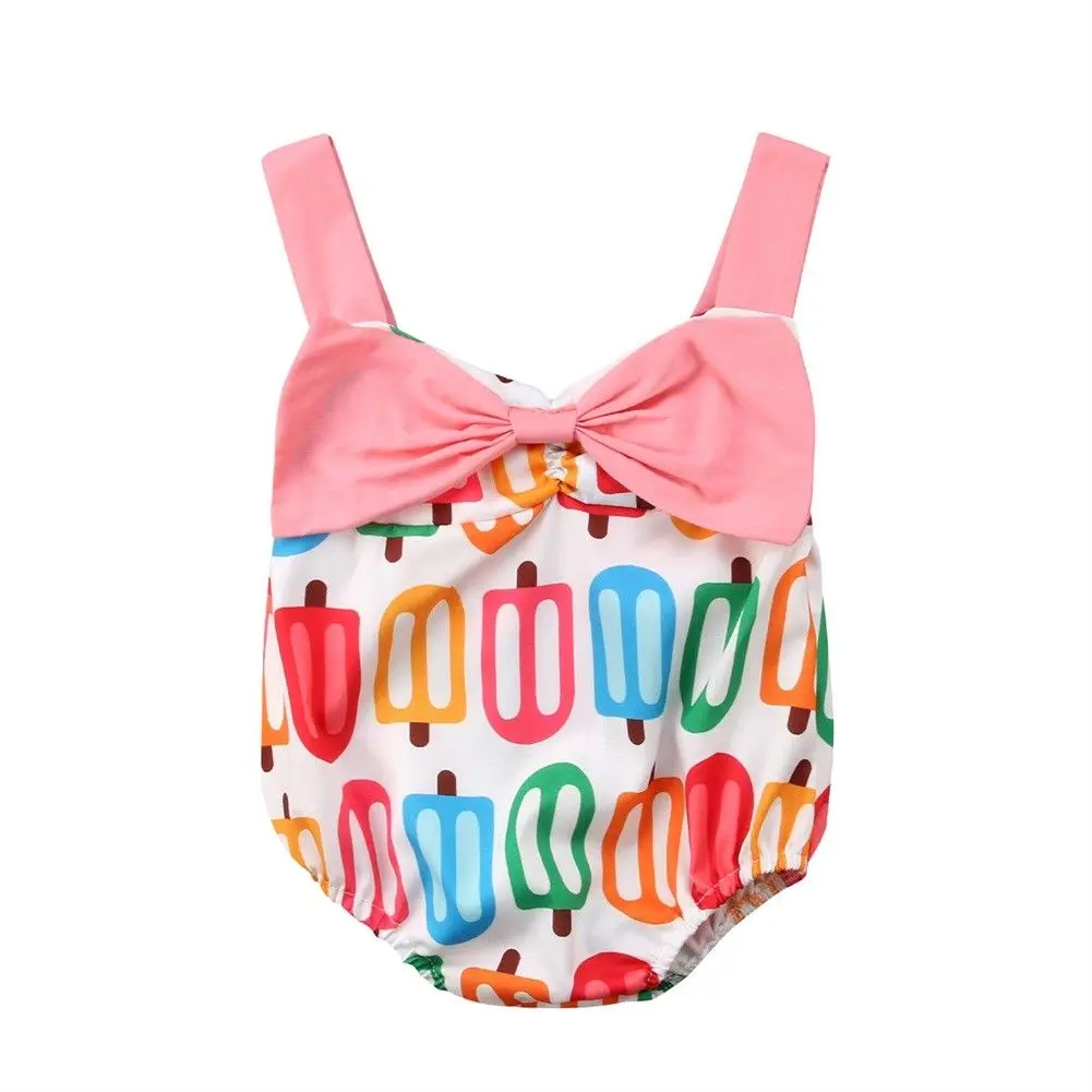 Girl Bodysuit Ice Cream Bow Newborn Infant Baby Girl Sleeveelss Pink