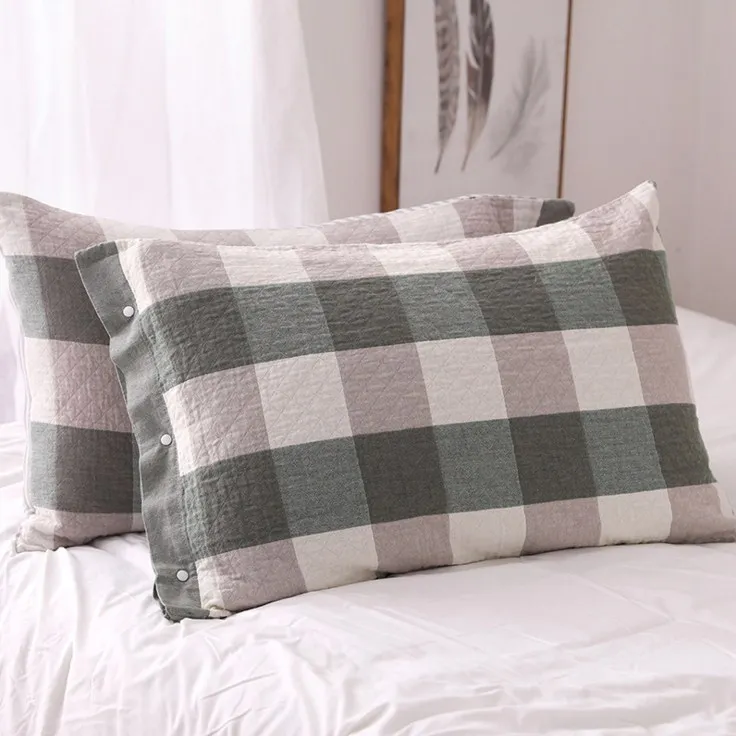 

1Pair Cotton Gauze Pillowcase With Button Plaid Design Soft Pillow Case Green / Pink /Blue /Camel Summer Pillow Cover On Bed