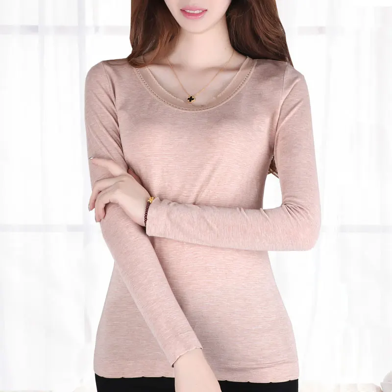 

Spring autumn winter Ladies Cotton Sweater T-shirt collar sleeves all-match slim outer wear long sleeved johns thermal underwear