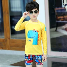 Комплект из 2-х предметов для мальчика или девочки с изображением Человека с защитой от УФ-лучей купальник с длинным рукавом, набор для плавания, рубашка+ шорты с желтым рисунком UPF50